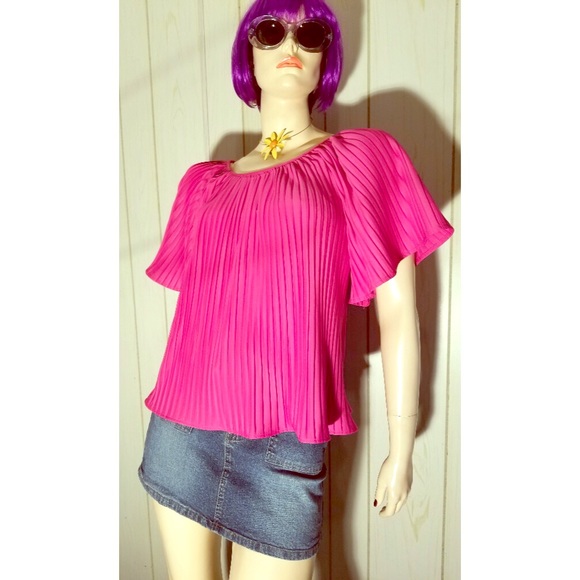 VTG 70s BOHO DISCO Pink Pleated Angel Sleeve Top NWT - Picture 2 of 8